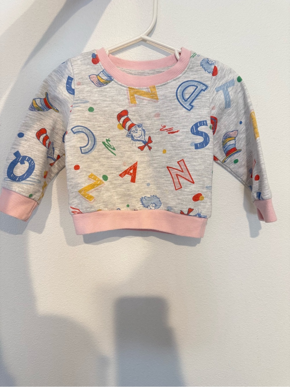 Dr. Seuss Gray Sweatshirt with Pink Trim and Multicolor Prints
